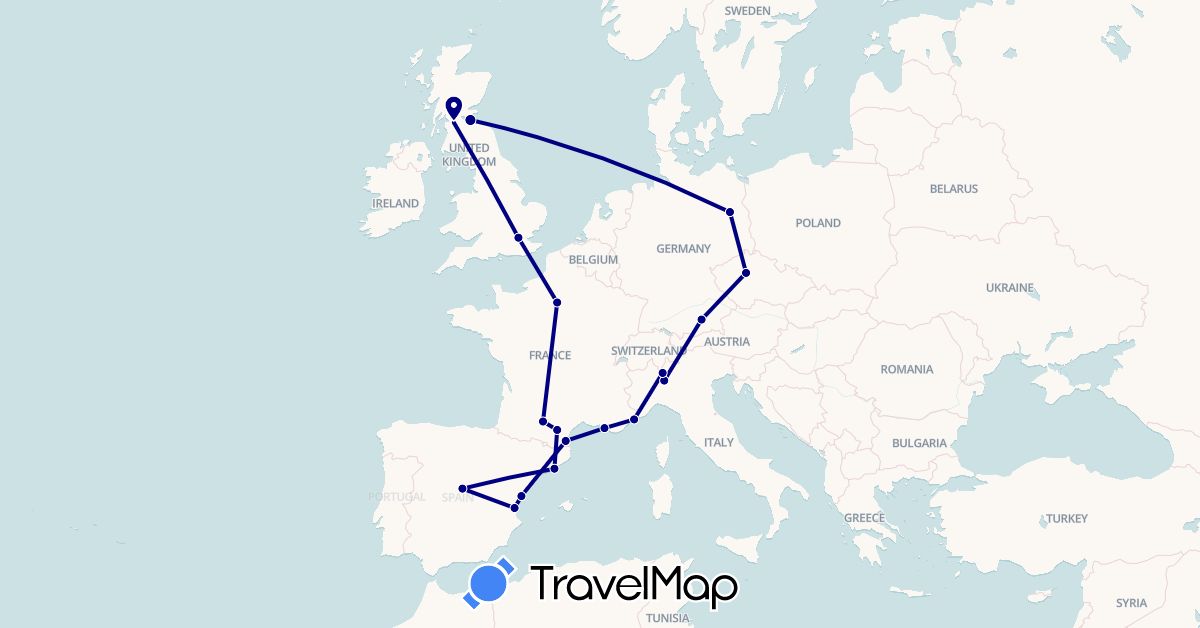 TravelMap itinerary: driving in Czech Republic, Germany, Spain, France, United Kingdom, Italy (Europe)